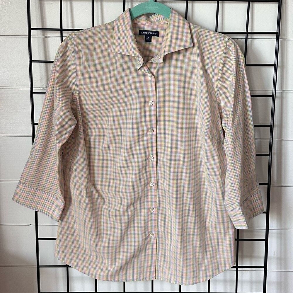 Lands’ End 3/4 Sleeve Button Up Top Womens 8 Multicolor‎ Plaid Coastal